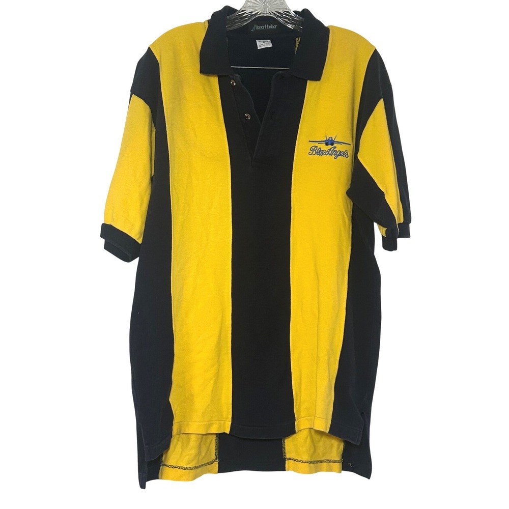 Inner Harbor Blue Angels Polo Shirt Mens Medium Yellow Navy Blue Stripe Cotton